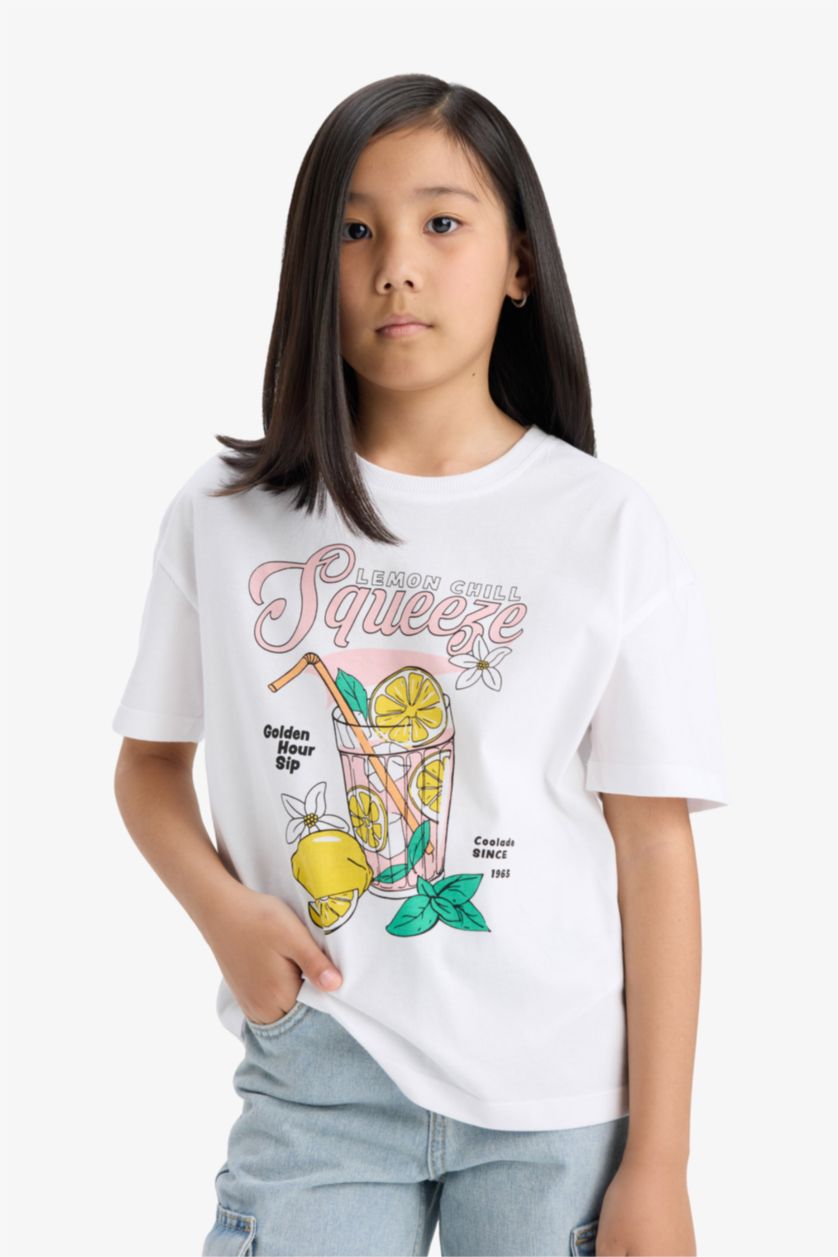Kız Çocuk - Genç Kız Beyaz Relax Fit Bisiklet Yaka Baskılı Kısa Kollu Tişört Kız Çocuk