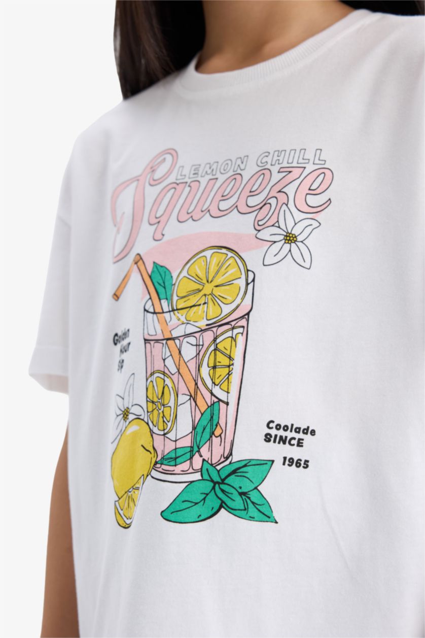 Kız Çocuk - Genç Kız Beyaz Relax Fit Bisiklet Yaka Baskılı Kısa Kollu Tişört Kız Çocuk