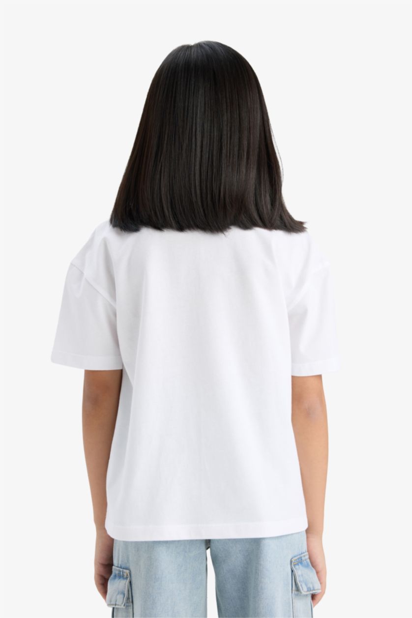 Kız Çocuk - Genç Kız Beyaz Relax Fit Bisiklet Yaka Baskılı Kısa Kollu Tişört Kız Çocuk