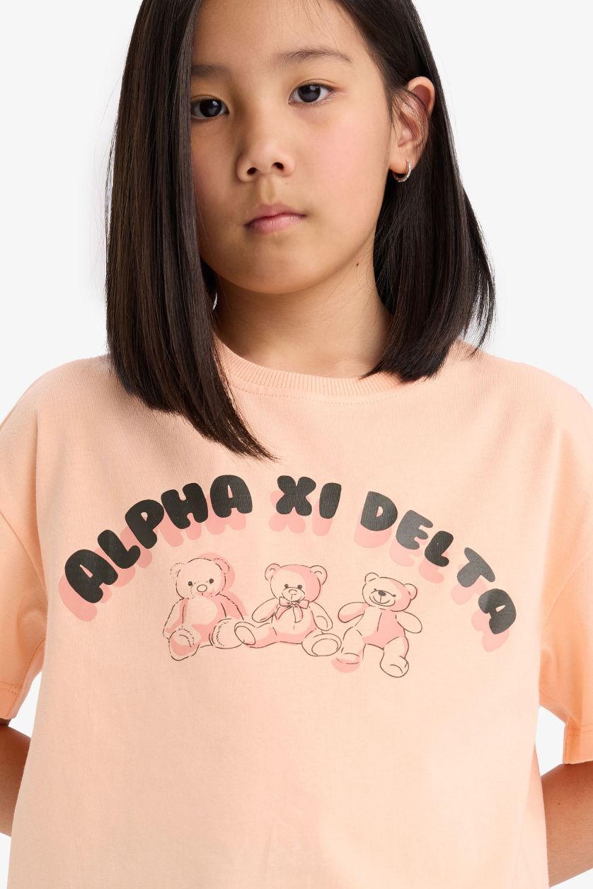 Kız Çocuk - Genç Kız Açık Somon Relax Fit Baskılı Bisiklet Yaka Kısa Kollu Tişört Kız Çocuk
