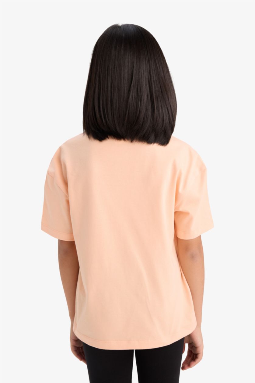 Kız Çocuk - Genç Kız Açık Somon Relax Fit Baskılı Bisiklet Yaka Kısa Kollu Tişört Kız Çocuk