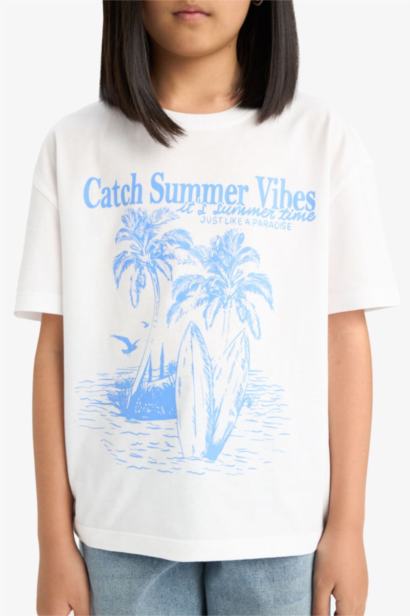 Kız Çocuk - Genç Kız Beyaz Relax Fit Palmiye Baskılı Bisiklet Yaka Kısa Kollu Tişört Kız Çocuk