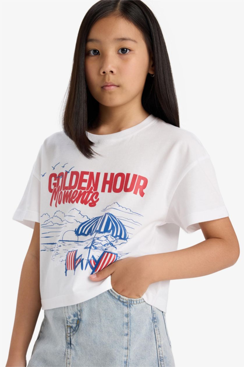 Kız Çocuk - Genç Kız Beyaz Boxy Fit Bisiklet Yaka Baskılı Kısa Kollu Tişört Kız Çocuk