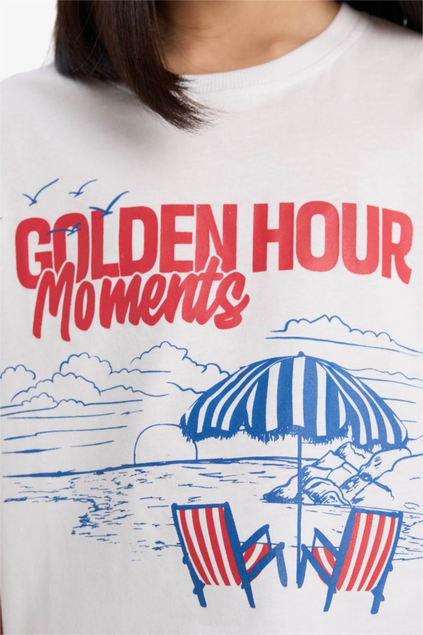 Kız Çocuk - Genç Kız Beyaz Boxy Fit Bisiklet Yaka Baskılı Kısa Kollu Tişört Kız Çocuk