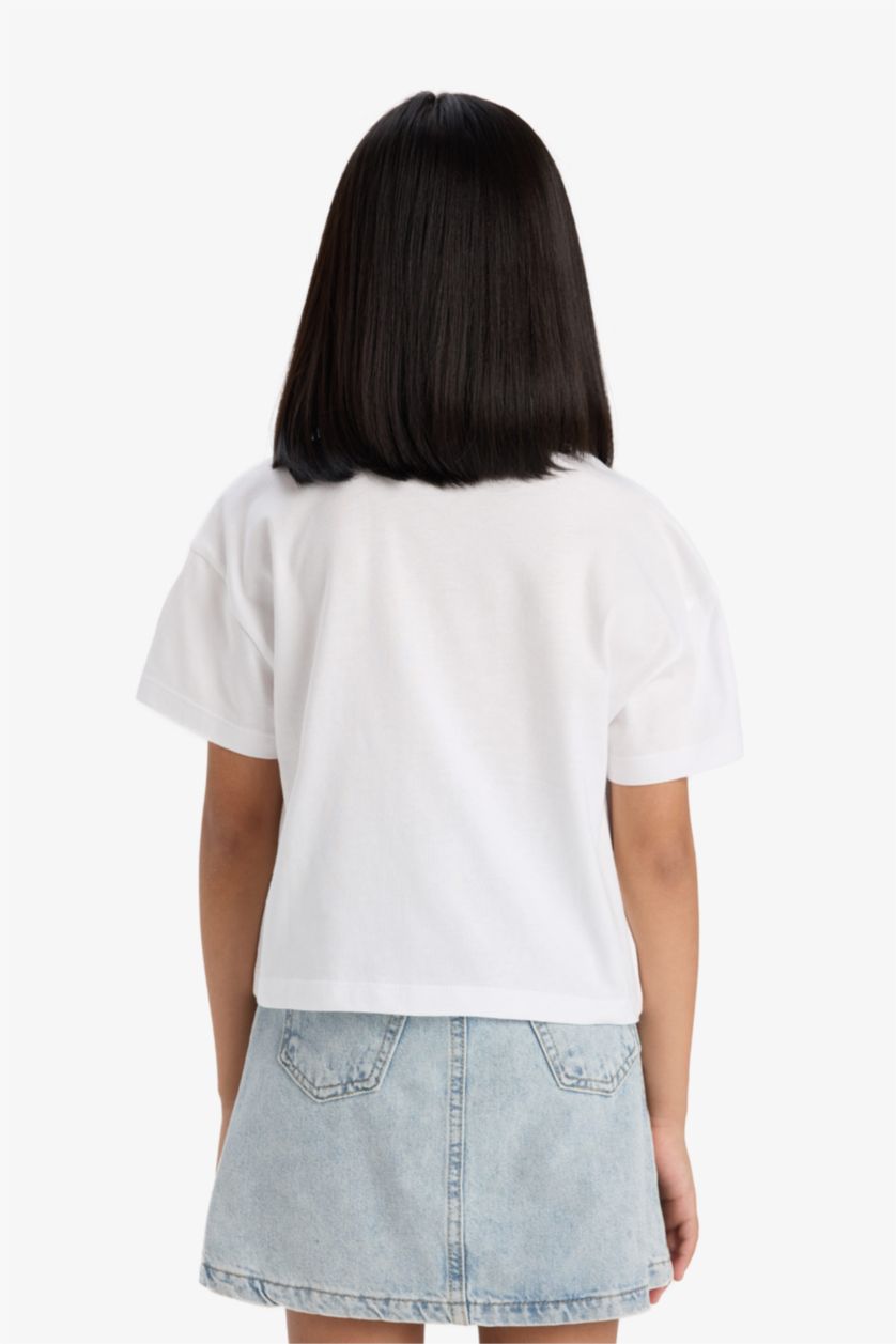 Kız Çocuk - Genç Kız Beyaz Boxy Fit Bisiklet Yaka Baskılı Kısa Kollu Tişört Kız Çocuk