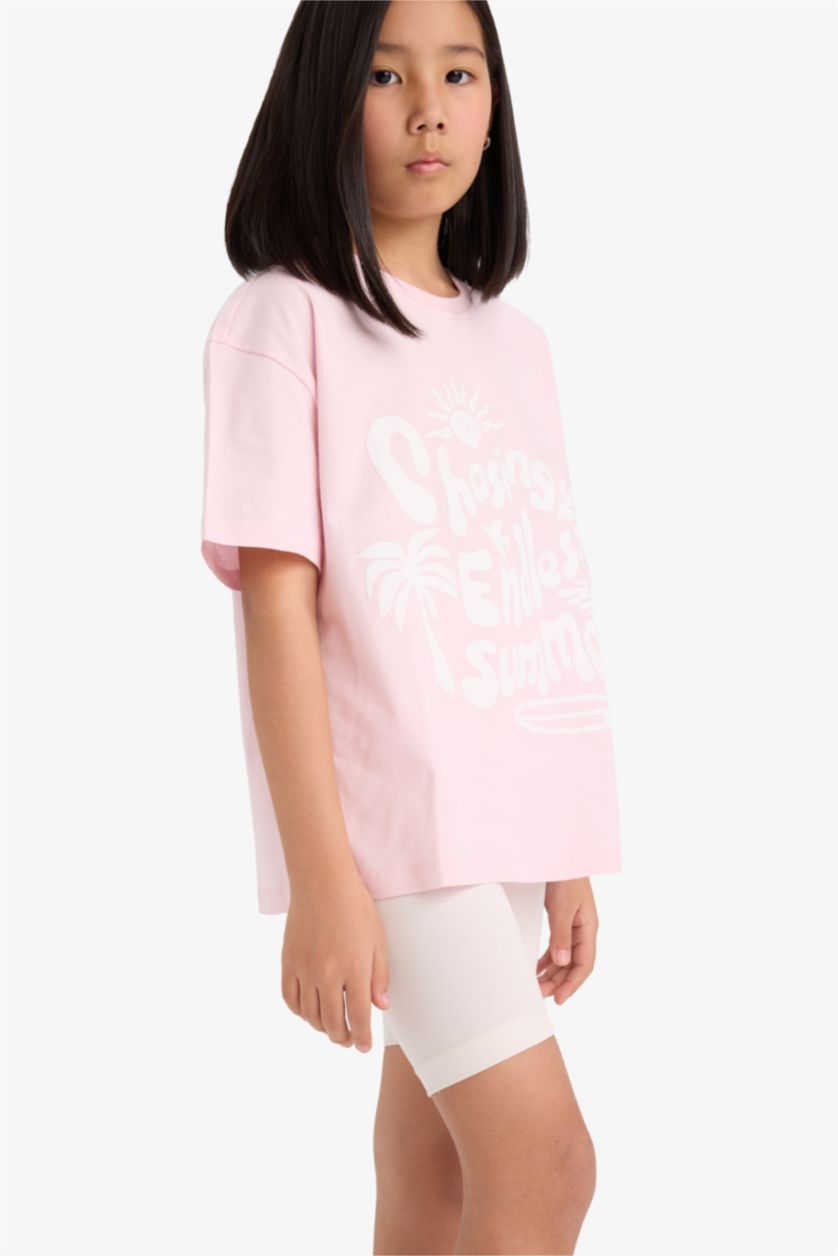 Kız Çocuk - Genç Kız Açık Pembe Oversize Geniş Kalıp Bisiklet Yaka Baskılı Kısa Kollu Tişört Kız Çocuk