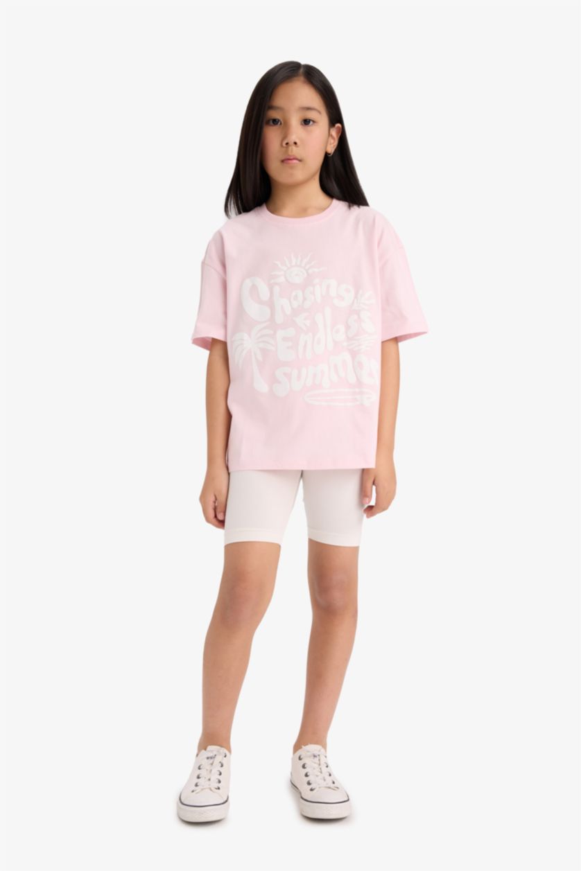 Kız Çocuk - Genç Kız Açık Pembe Oversize Geniş Kalıp Bisiklet Yaka Baskılı Kısa Kollu Tişört Kız Çocuk