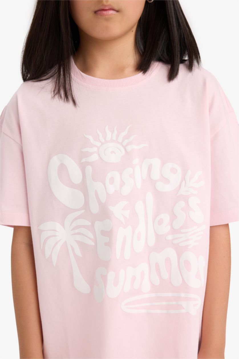 Kız Çocuk - Genç Kız Açık Pembe Oversize Geniş Kalıp Bisiklet Yaka Baskılı Kısa Kollu Tişört Kız Çocuk