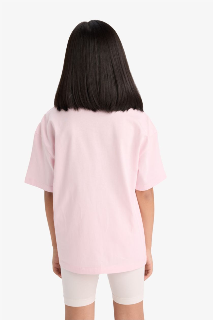 Kız Çocuk - Genç Kız Açık Pembe Oversize Geniş Kalıp Bisiklet Yaka Baskılı Kısa Kollu Tişört Kız Çocuk