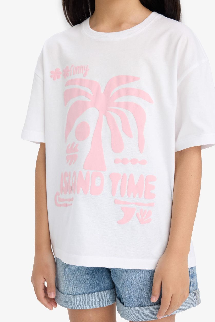 Kız Çocuk - Genç Kız Beyaz Oversize Geniş Kalıp Bisiklet Yaka Baskılı Kısa Kollu Tişört Kız Çocuk