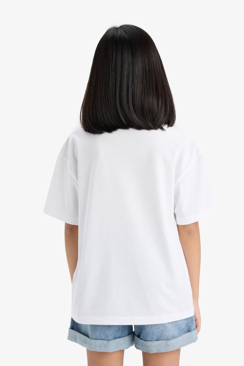 Kız Çocuk - Genç Kız Beyaz Oversize Geniş Kalıp Bisiklet Yaka Baskılı Kısa Kollu Tişört Kız Çocuk