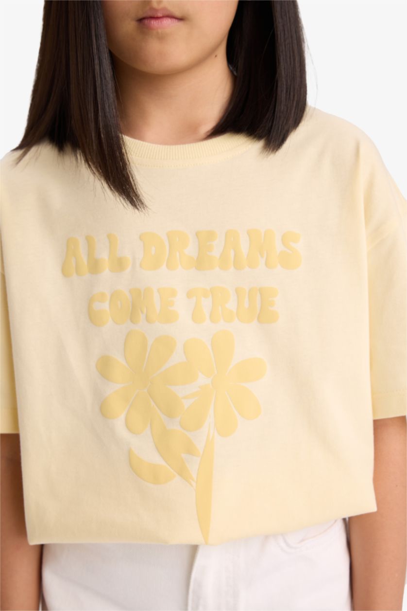 Kız Çocuk - Genç Kız Açık Sarı Oversize Geniş Kalıp Bisiklet Yaka Baskılı Kısa Kollu Tişört Kız Çocuk