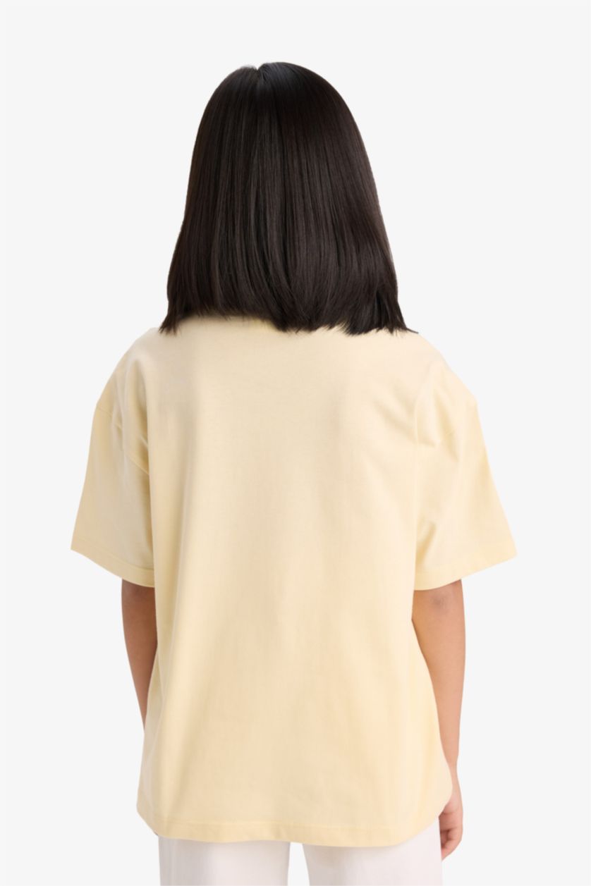 Kız Çocuk - Genç Kız Açık Sarı Oversize Geniş Kalıp Bisiklet Yaka Baskılı Kısa Kollu Tişört Kız Çocuk