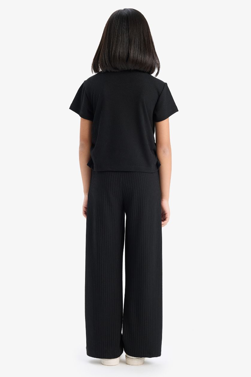 بناتي أسود طقم بناتي تيشيرت وبنطلون برجل واسع - قطعتين