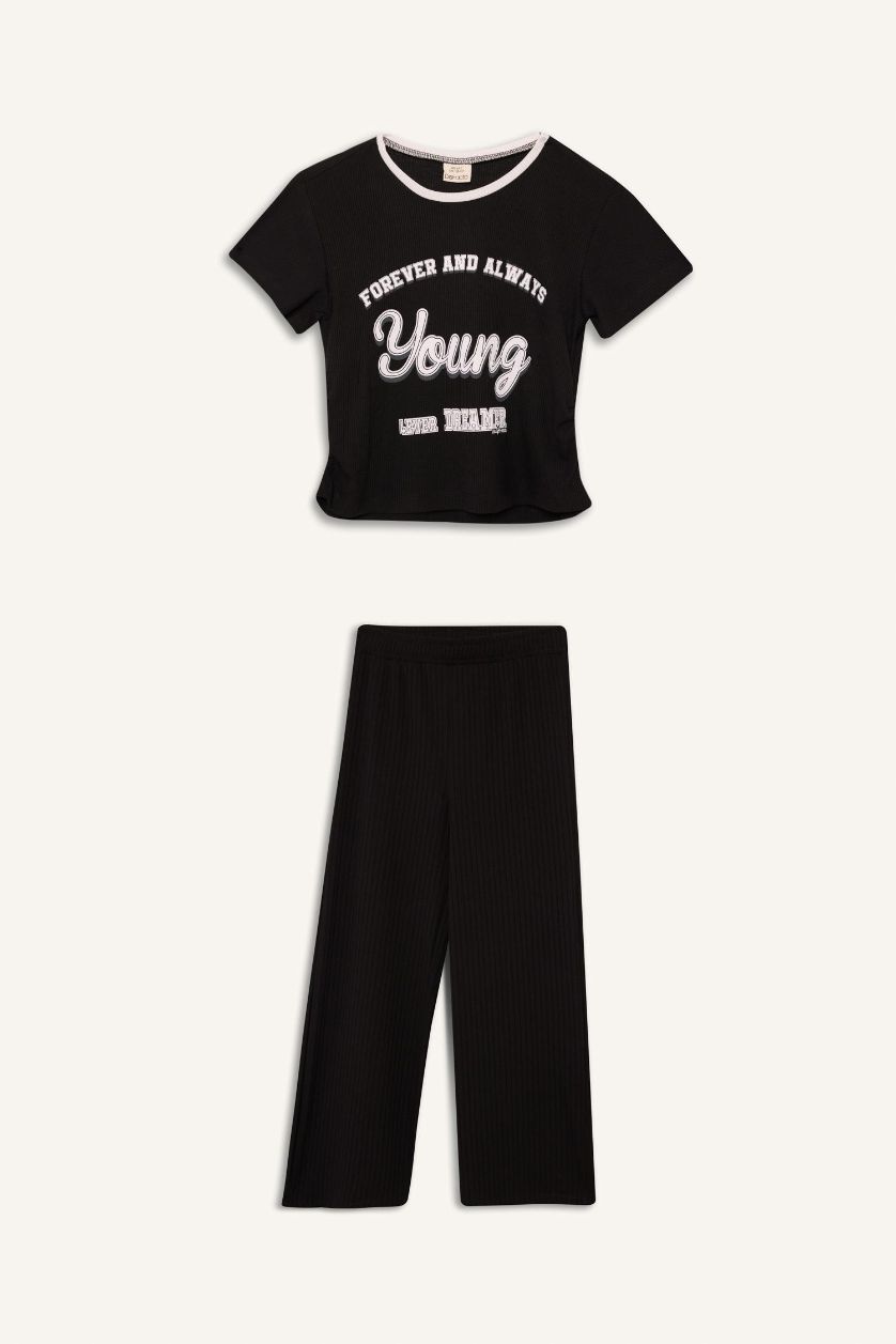 بناتي أسود طقم بناتي تيشيرت وبنطلون برجل واسع - قطعتين