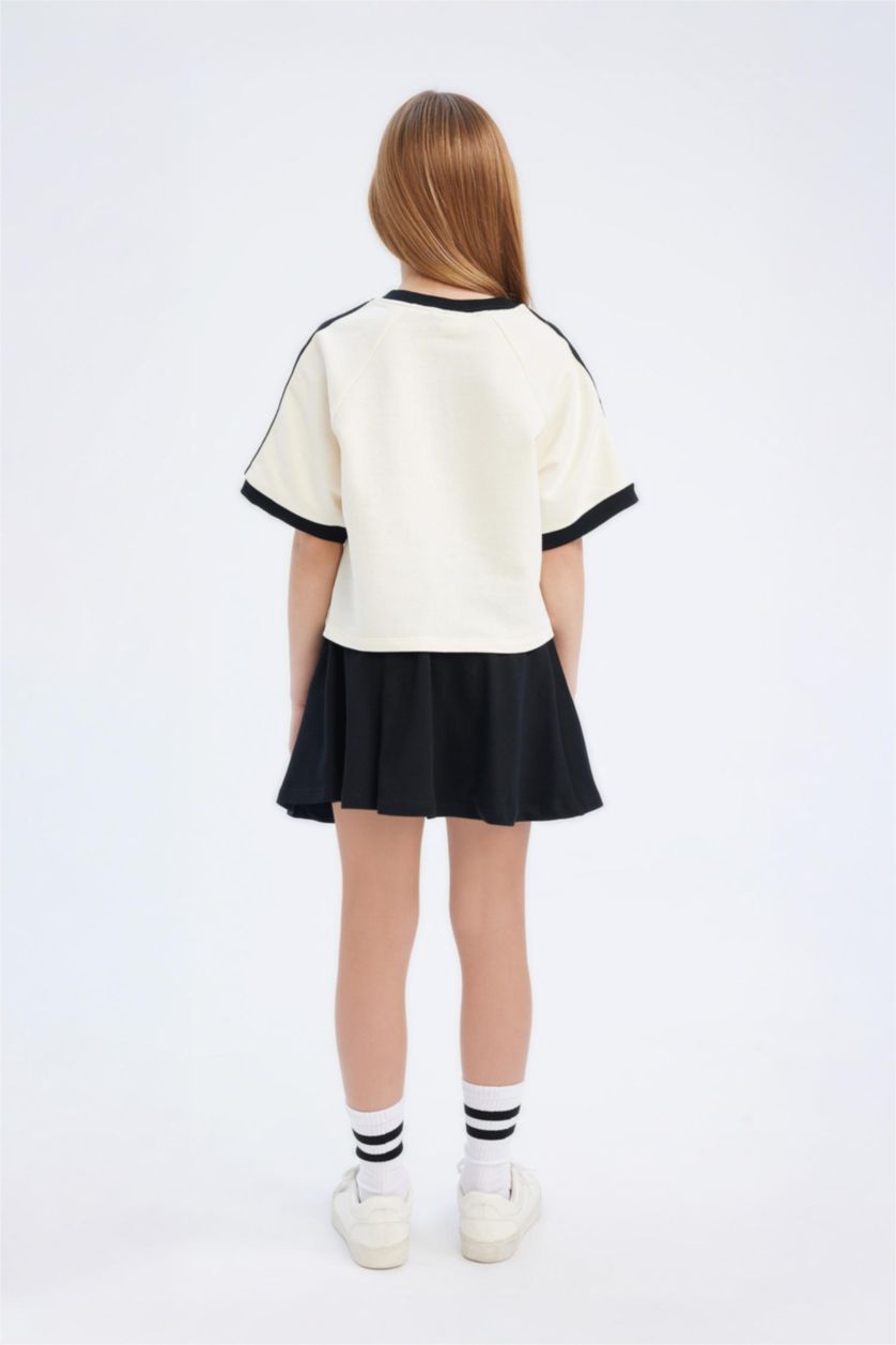 Kız Çocuk - Genç Kız Ekru 2'li Takım Bisiklet Yaka Baskılı Kısa Kollu Tişört Etek Kız Çocuk