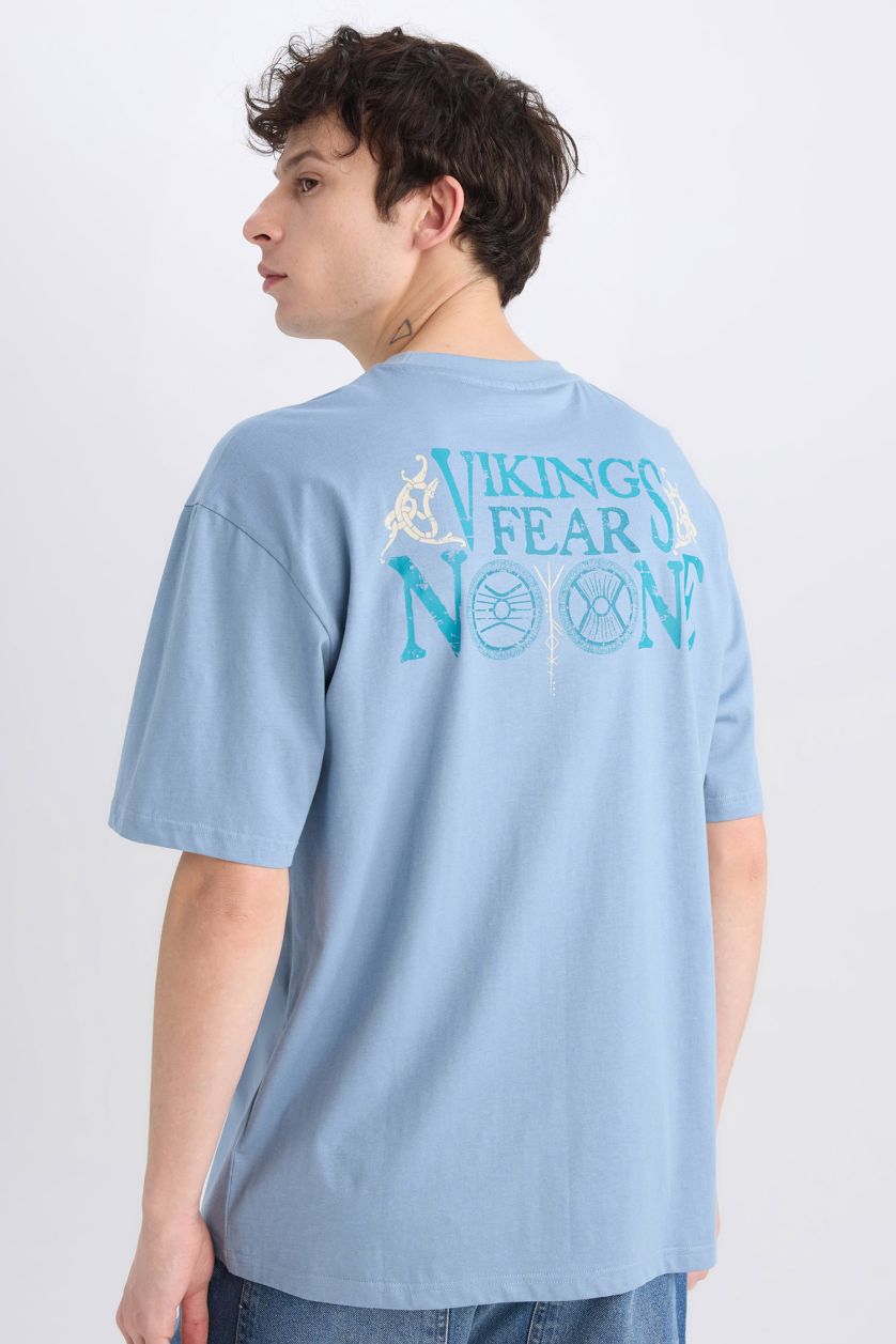Erkek Mavi %100 Pamuk Vikings Valhalla Boxy Fit Bisiklet Yaka Sırt Baskılı Kısa Kollu Tişört