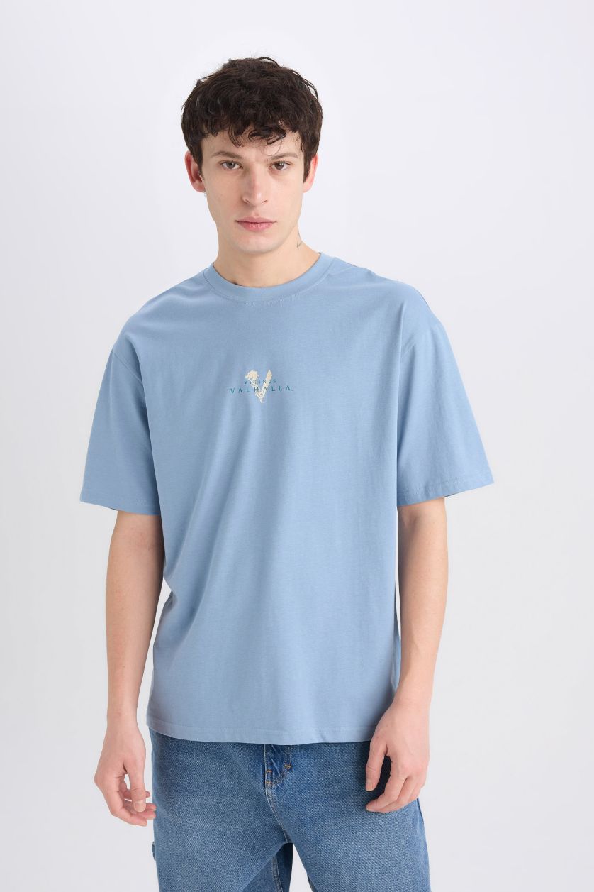 Erkek Mavi %100 Pamuk Vikings Valhalla Boxy Fit Bisiklet Yaka Sırt Baskılı Kısa Kollu Tişört