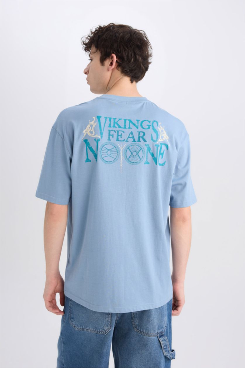 Erkek Mavi %100 Pamuk Vikings Valhalla Boxy Fit Bisiklet Yaka Sırt Baskılı Kısa Kollu Tişört