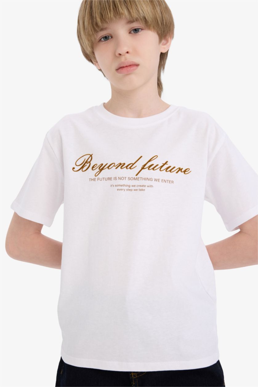 Erkek Çocuk - Genç Erkek Beyaz Bisiklet Yaka Baskılı Kısa Kollu Tişört Erkek Çocuk