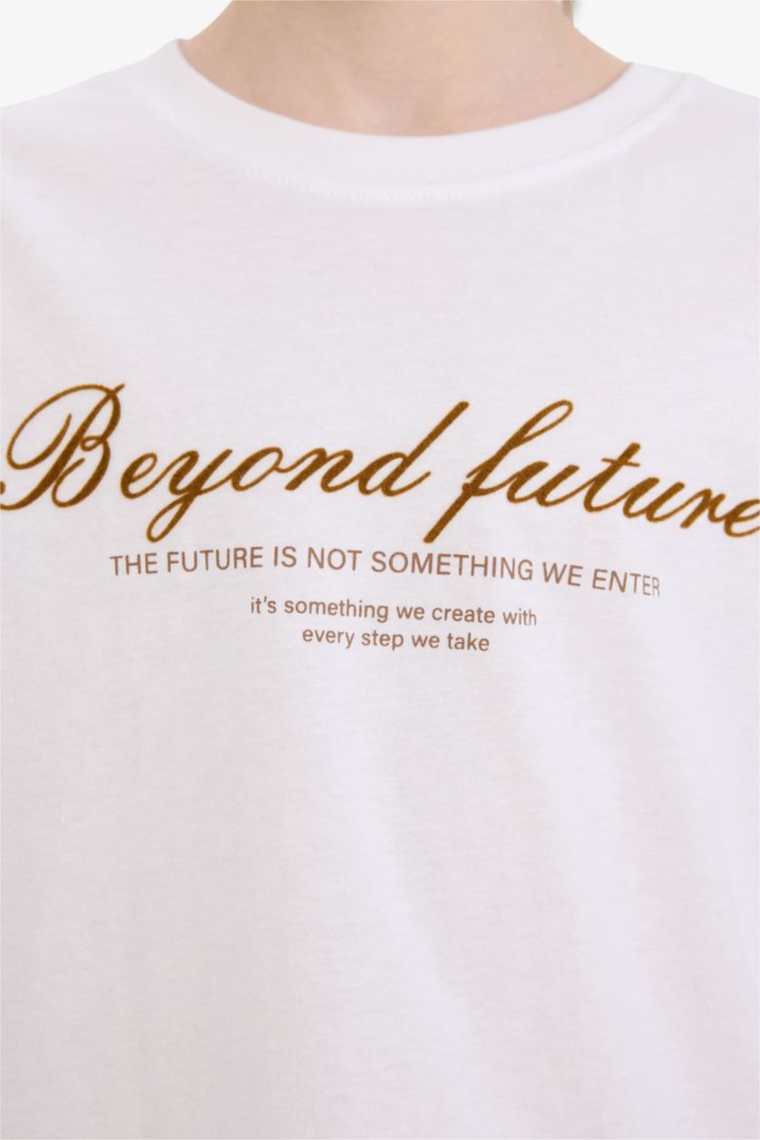 Erkek Çocuk - Genç Erkek Beyaz Bisiklet Yaka Baskılı Kısa Kollu Tişört Erkek Çocuk