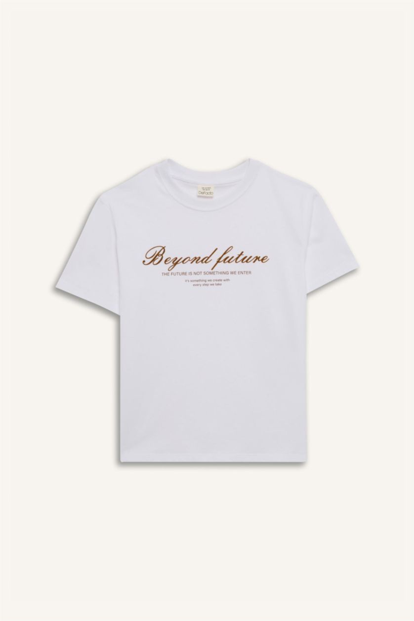 Erkek Çocuk - Genç Erkek Beyaz Bisiklet Yaka Baskılı Kısa Kollu Tişört Erkek Çocuk