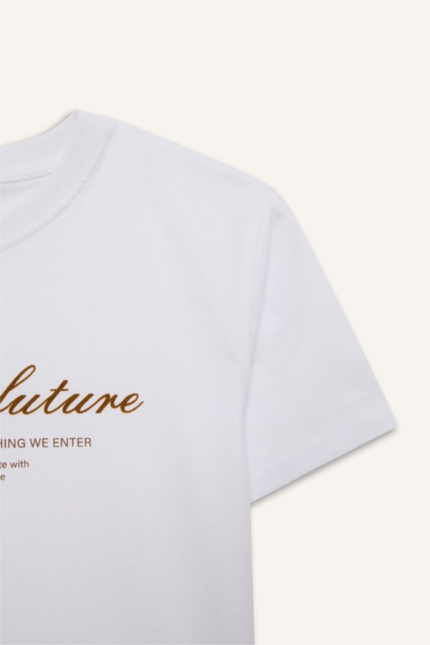 Erkek Çocuk - Genç Erkek Beyaz Bisiklet Yaka Baskılı Kısa Kollu Tişört Erkek Çocuk