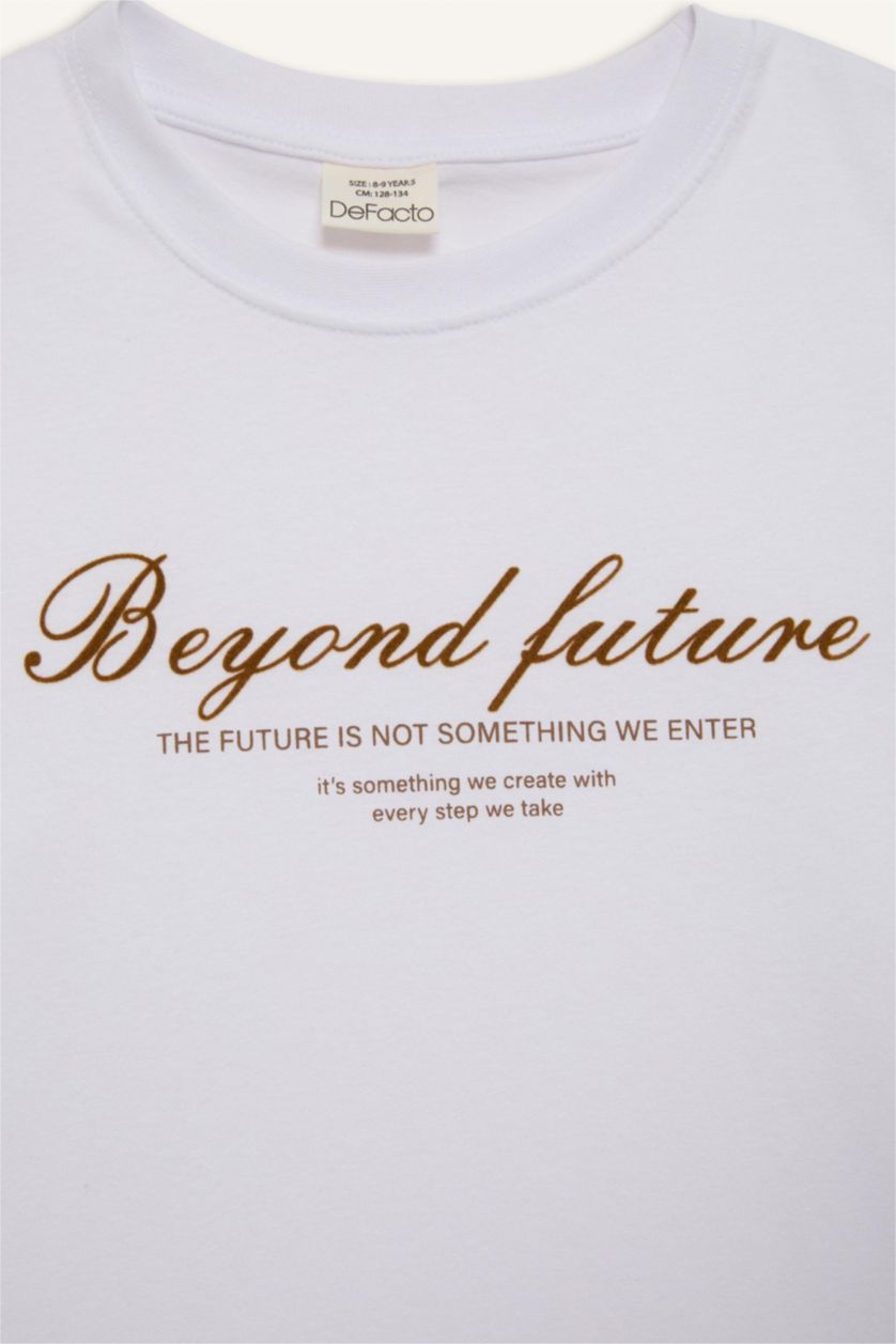 Erkek Çocuk - Genç Erkek Beyaz Bisiklet Yaka Baskılı Kısa Kollu Tişört Erkek Çocuk