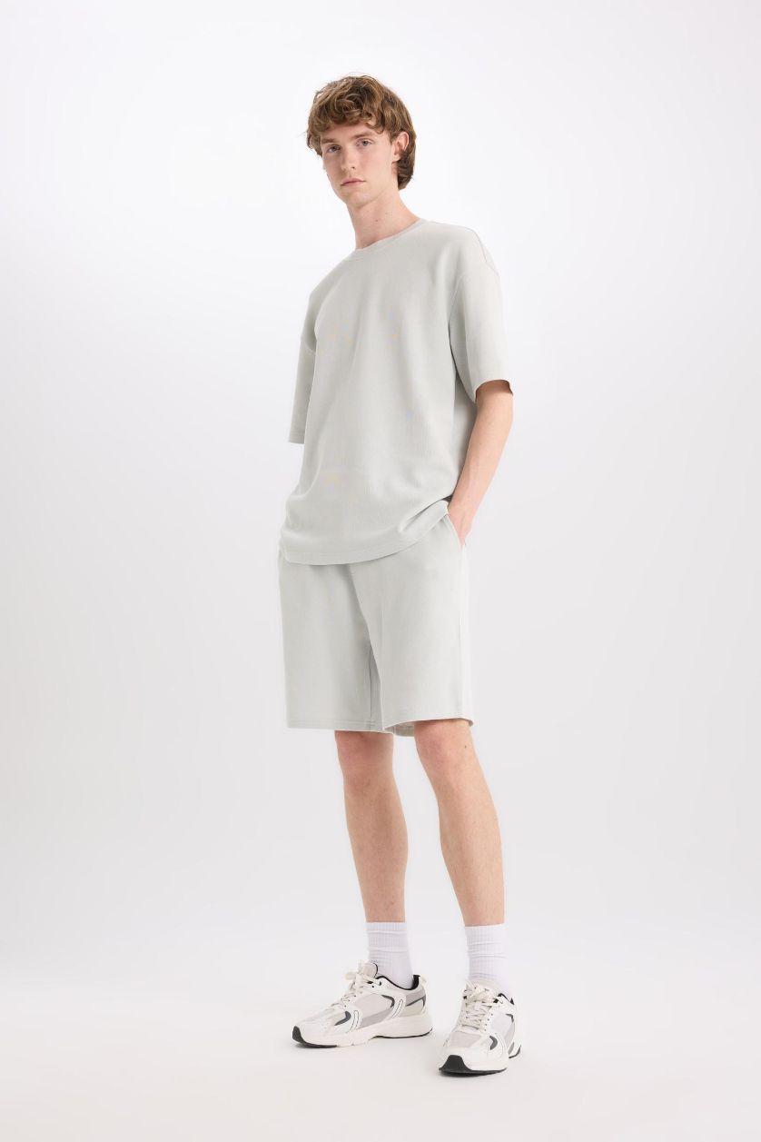 Erkek Açık Gri %100 Pamuk Regular Fit Düz Paça Şort