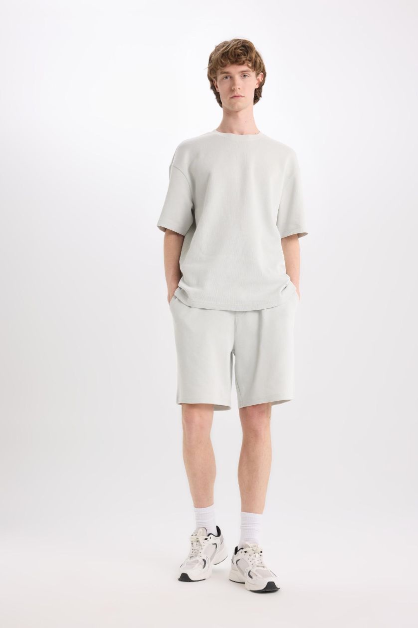 Erkek Açık Gri %100 Pamuk Regular Fit Düz Paça Şort