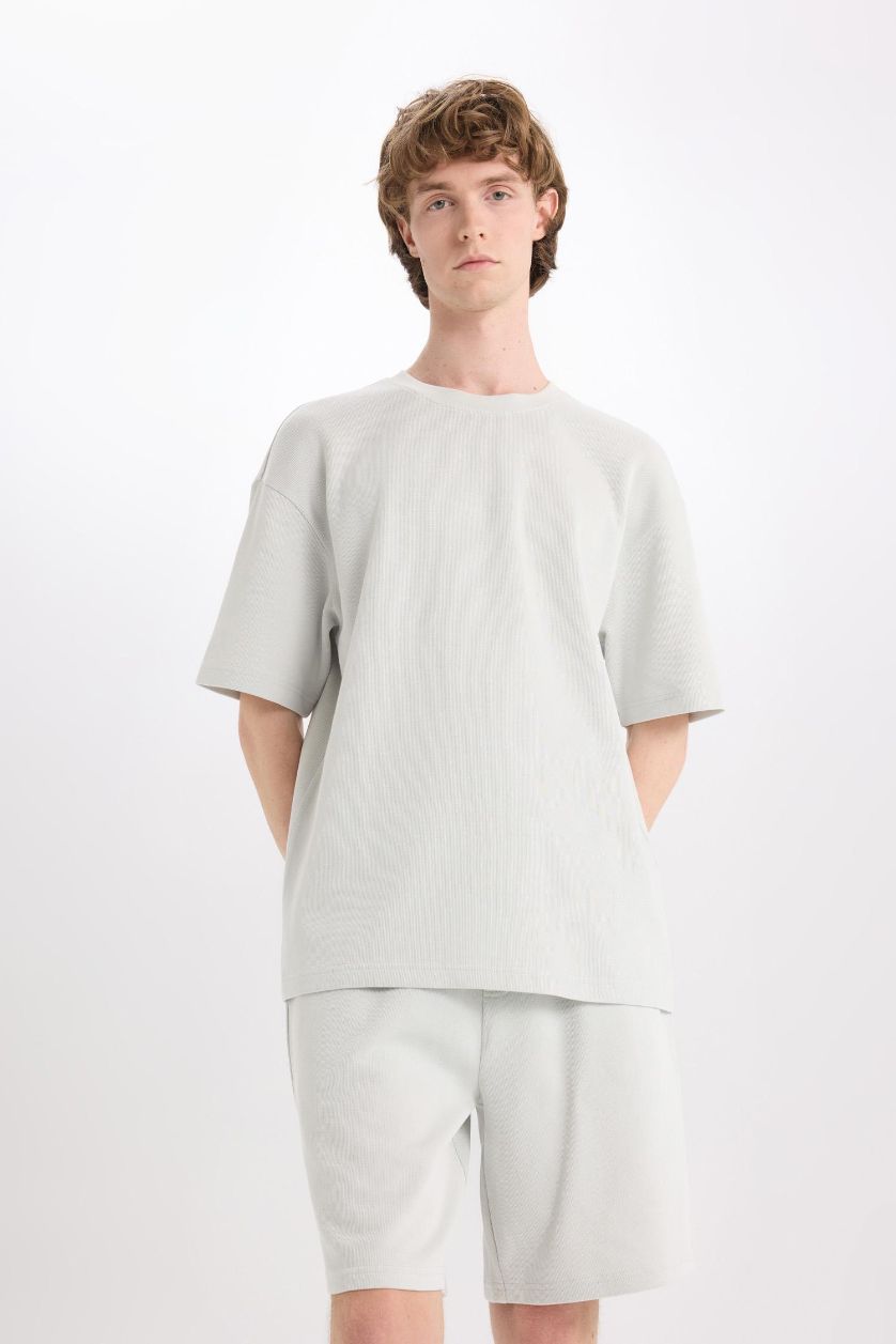 Erkek Açık Gri %100 Pamuk Regular Fit Düz Paça Şort