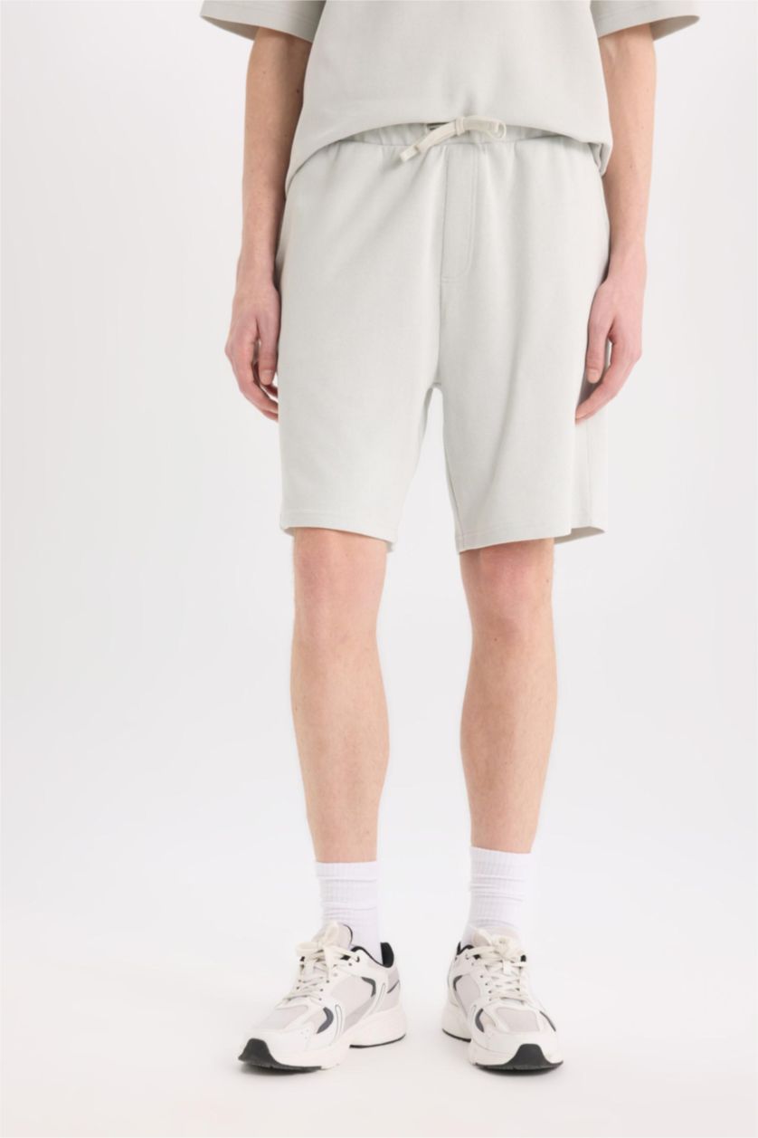 Erkek Açık Gri %100 Pamuk Regular Fit Düz Paça Şort