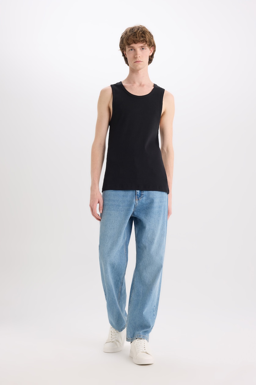 Men Black Slim Fit Ribana Crew Neck Sleeveless Tank Top