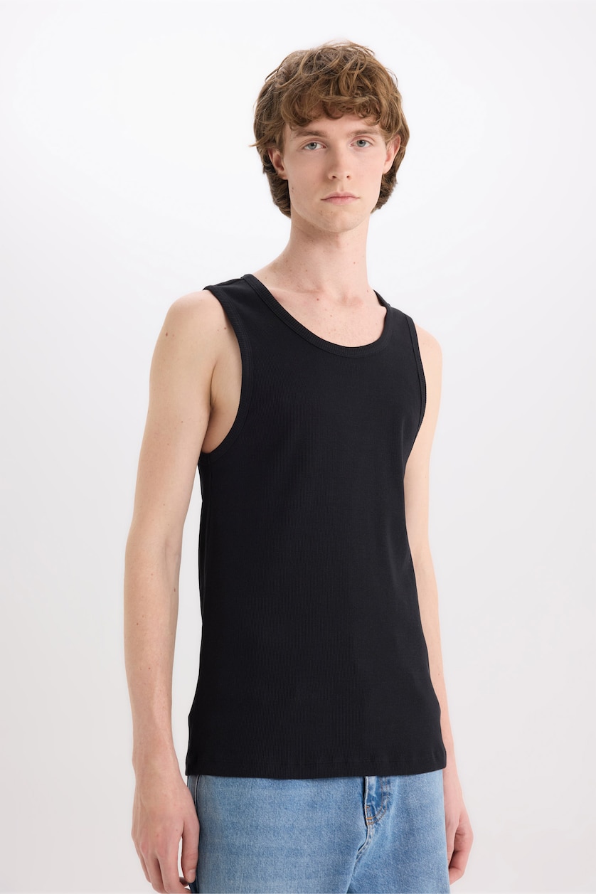 Men Black Slim Fit Ribana Crew Neck Sleeveless Tank Top