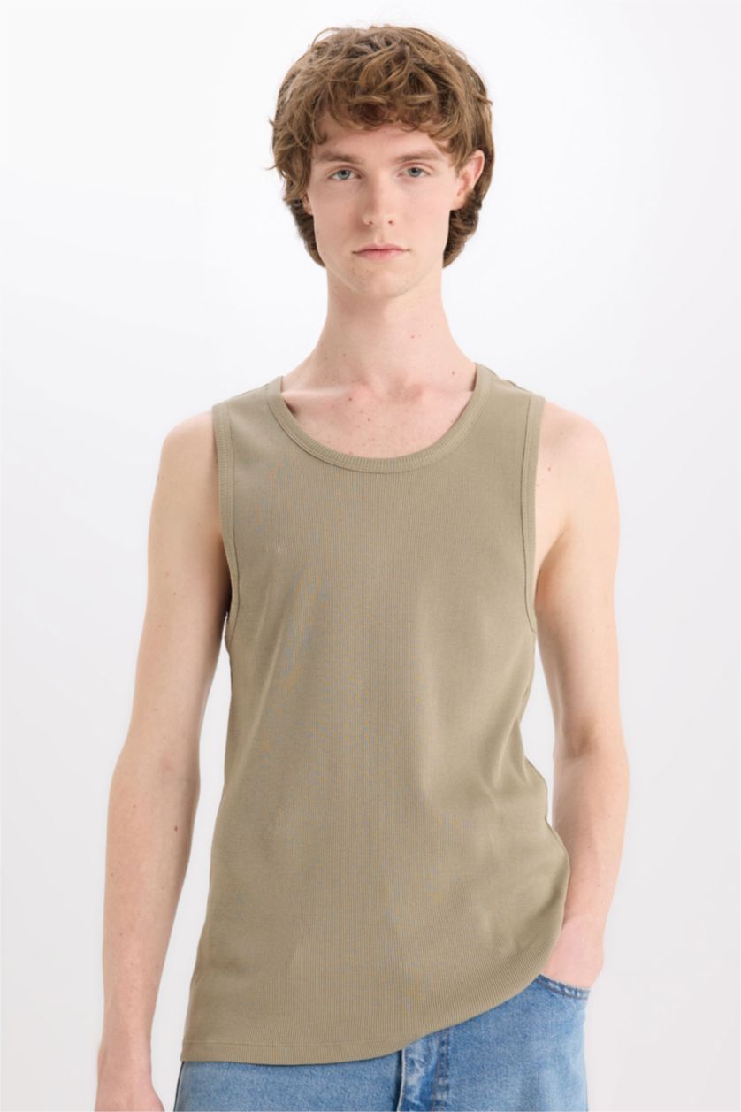 Erkek Açık Haki %100 Pamuk Slim Fit Dar Kesim Bisiklet Yaka Ribana Atlet