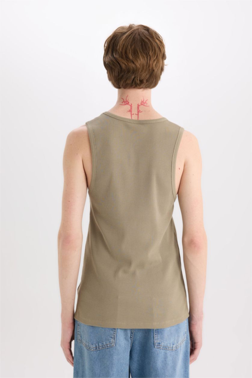 Erkek Açık Haki %100 Pamuk Slim Fit Dar Kesim Bisiklet Yaka Ribana Atlet