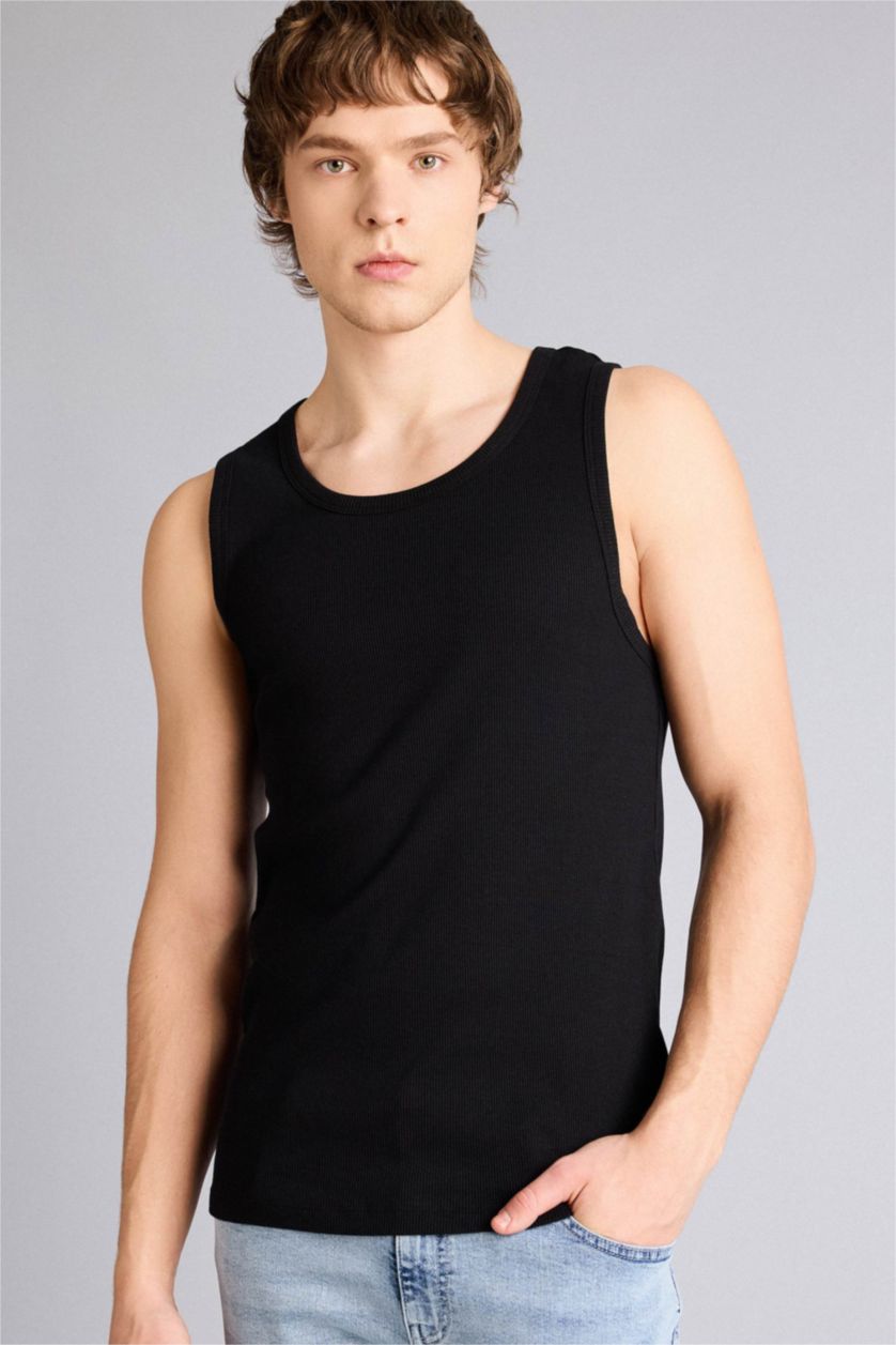 Erkek Siyah %100 Pamuk Slim Fit Dar Kesim Bisiklet Yaka Ribana Atlet