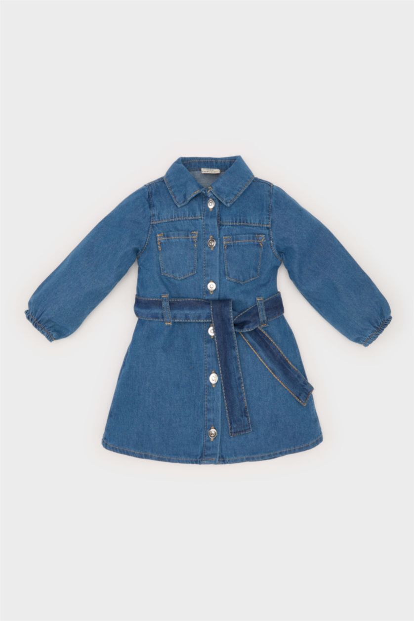 Baby Girl Blue Baby Girl Shirt Collar Belted Denim Dress