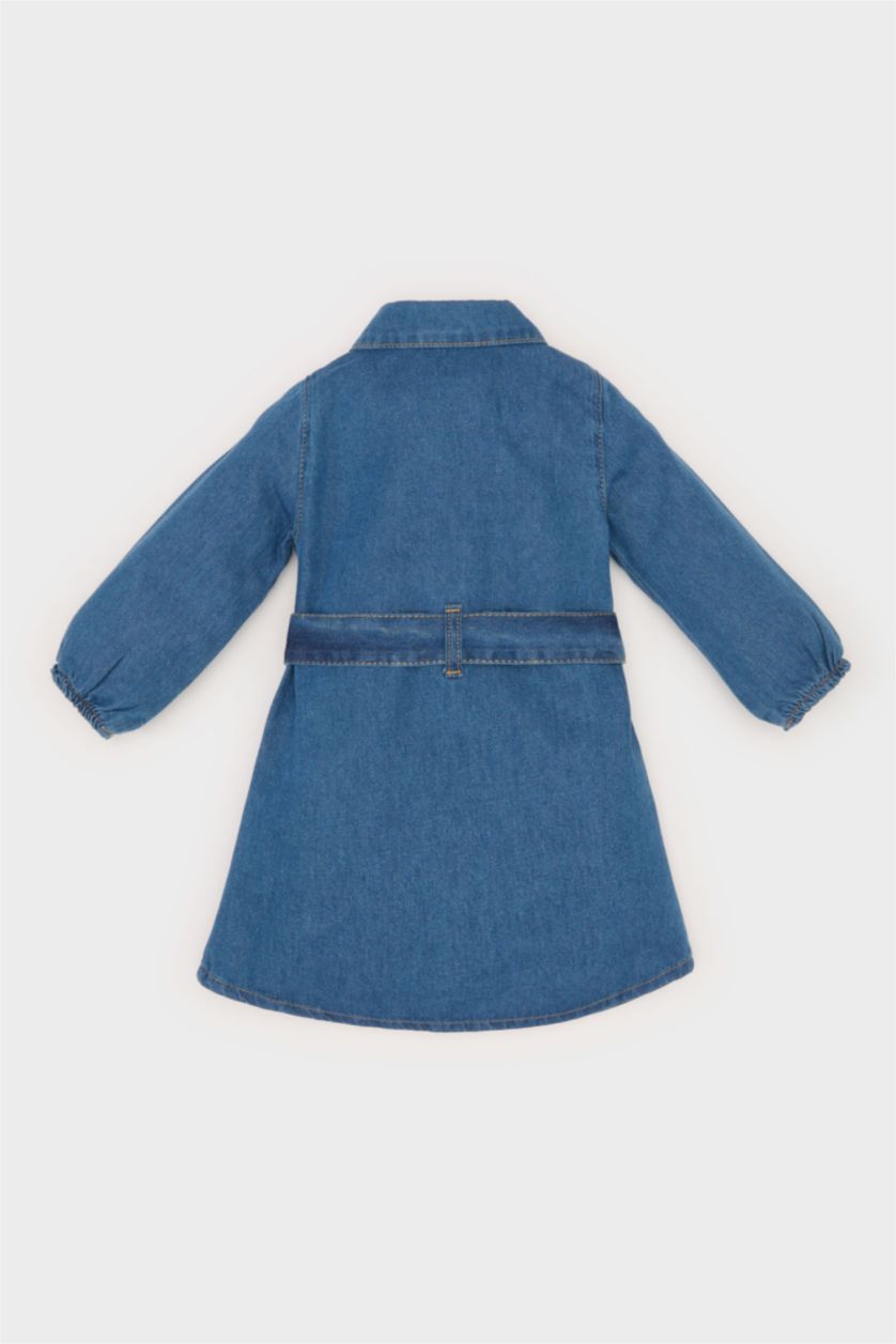 Baby Girl Blue Baby Girl Shirt Collar Belted Denim Dress