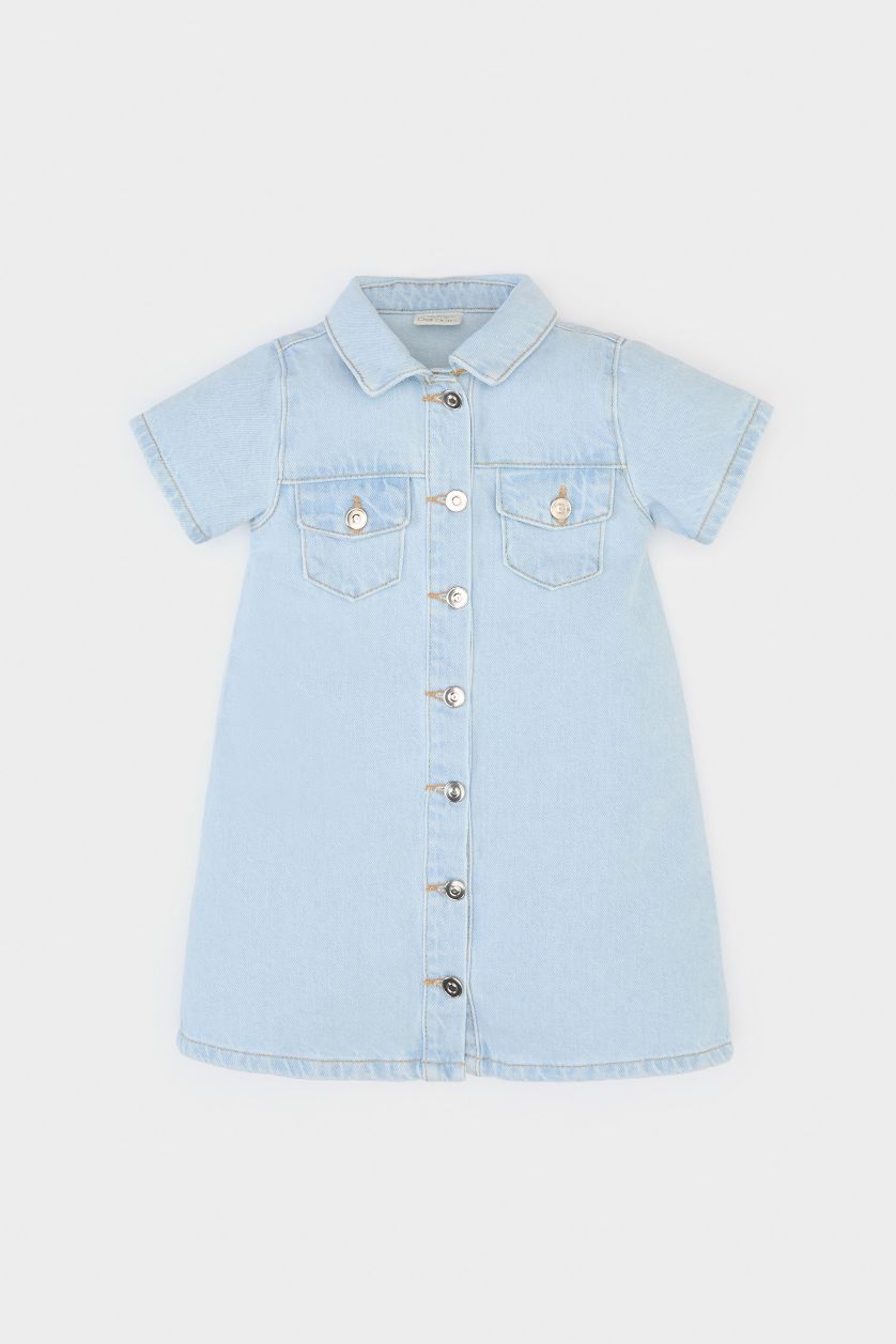 طفلة صغيرة أزرق فاتح فستان جينز قصة عادية كم طويل برقبة بالدانتيل