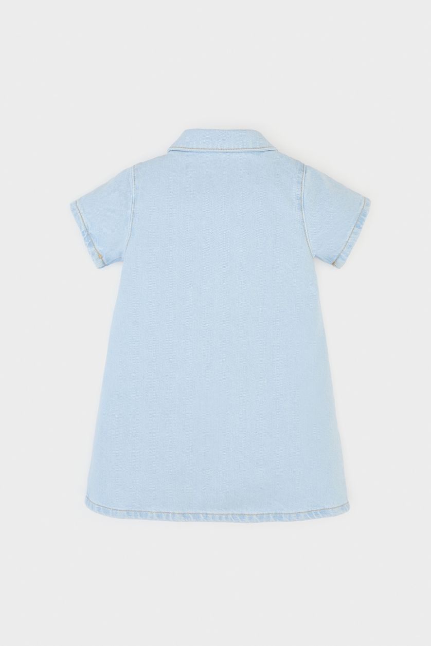 طفلة صغيرة أزرق فاتح فستان جينز قصة عادية كم طويل برقبة بالدانتيل