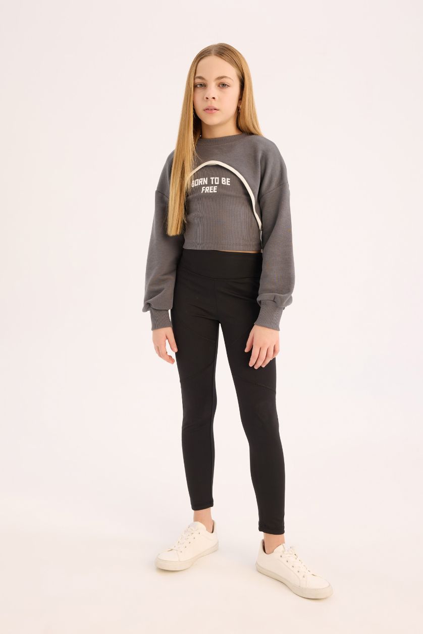 Girls & Teens Anthracite Girl Crew Neck Printed Crop Sweatshirt