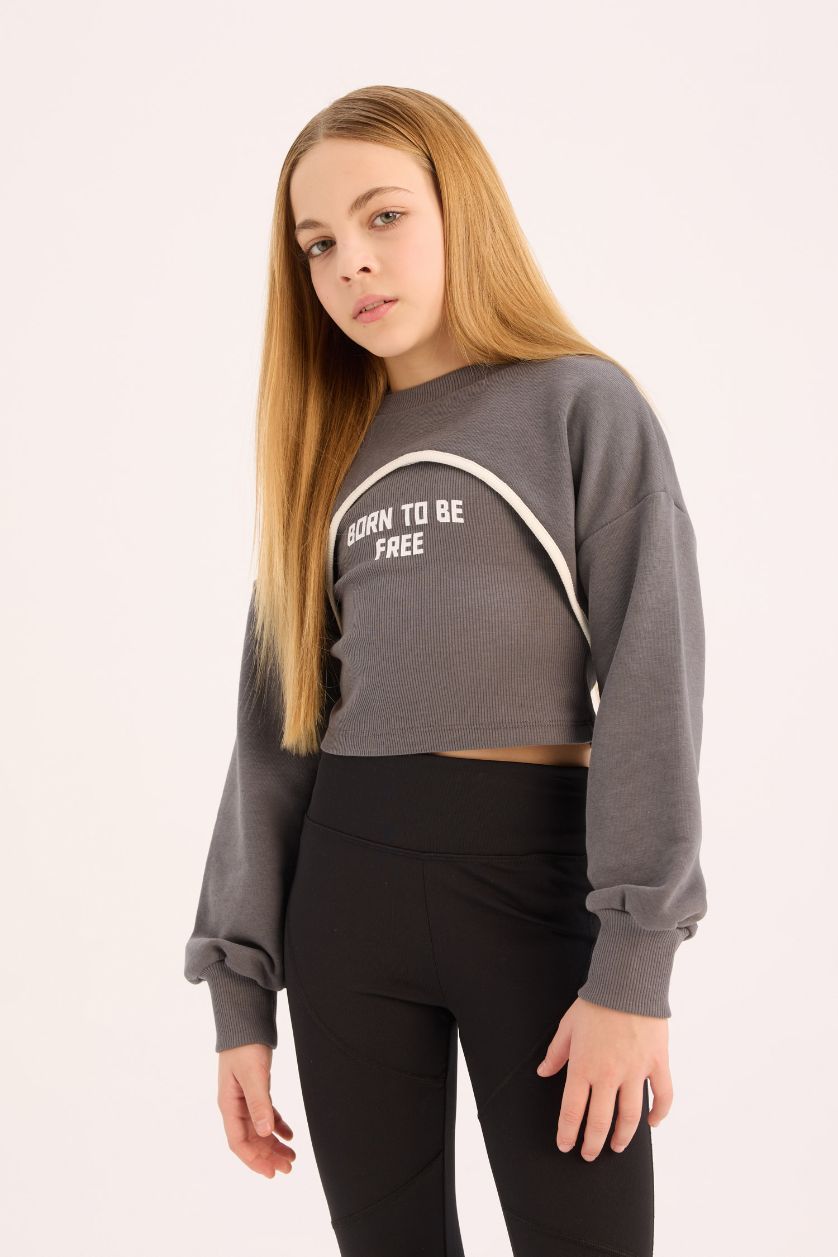 Girls & Teens Anthracite Girl Crew Neck Printed Crop Sweatshirt