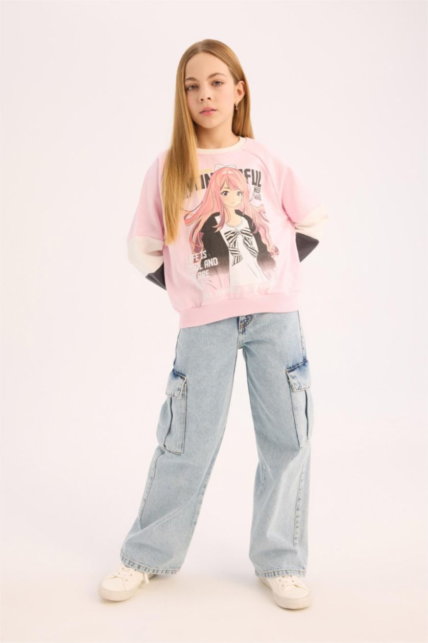 Kız Çocuk - Genç Kız Açık Pembe Relax Fit Bisiklet Yaka Baskılı Sweatshirt Kız Çocuk