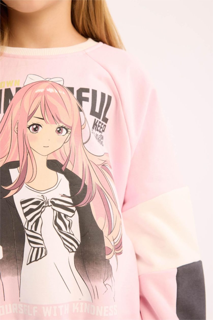 Kız Çocuk - Genç Kız Açık Pembe Relax Fit Bisiklet Yaka Baskılı Sweatshirt Kız Çocuk