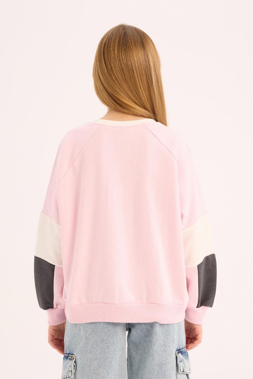 Kız Çocuk - Genç Kız Açık Pembe Relax Fit Bisiklet Yaka Baskılı Sweatshirt Kız Çocuk