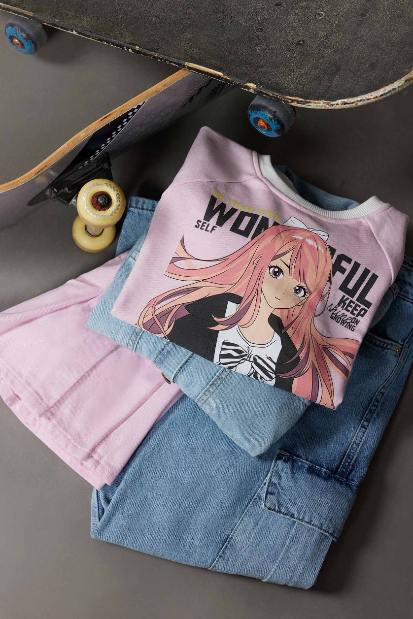 Kız Çocuk - Genç Kız Açık Pembe Relax Fit Bisiklet Yaka Baskılı Sweatshirt Kız Çocuk