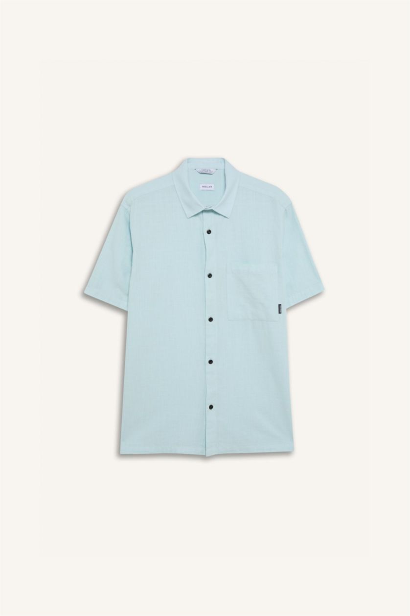 رجال أزرق فاتح قميص نص ردن قطن قصة عادية