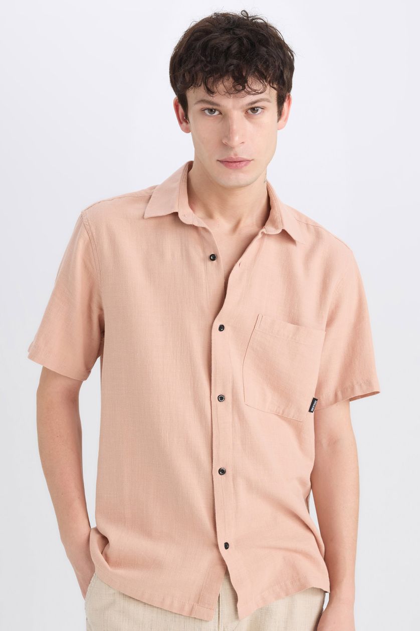 رجال بيج قميص صيفي قطن نص ردن قصة عادية