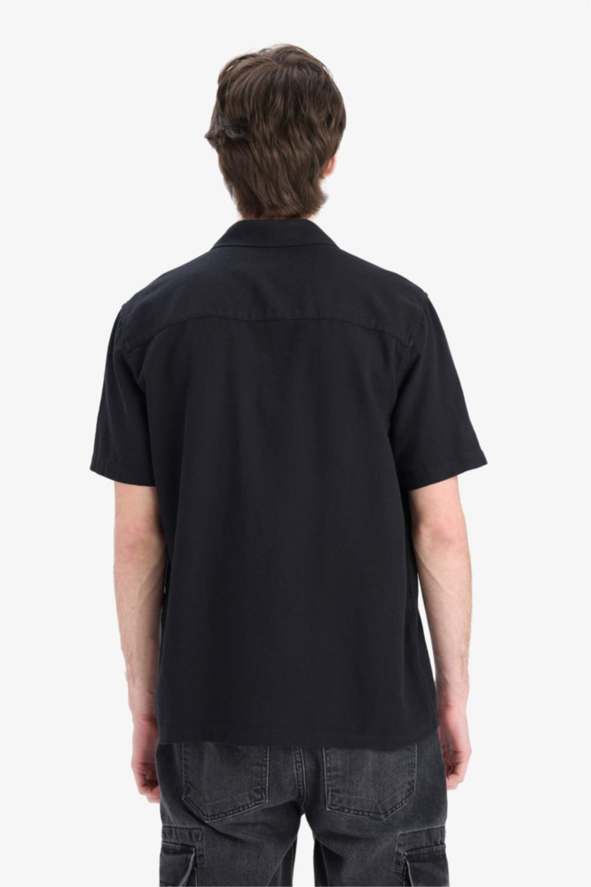 Man Black Regular Fit Cotton Short Sleeve Shirt